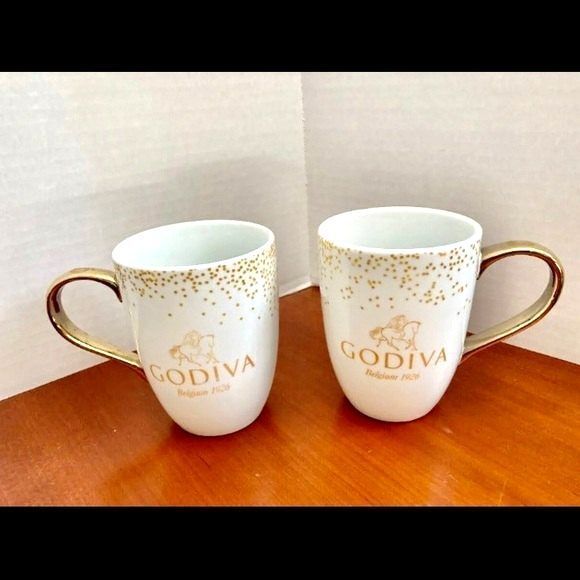 GODIVA Chocolatier Gold Handle FINE PORCELAIN Coffee Mugs Cup Set of 2 - Picture 2 of 7